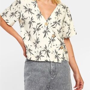 TRIBAL oatmeal palm print asymmetrical button placket top shirt